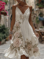Women's Vintage Floral Roses Art Print Flowy Linen Blend Casual Suspender Mini Dress