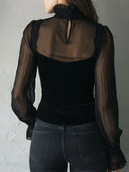 Gothic Lace Trim Black Velvet Corset Blouse With Sheer Sleeves
