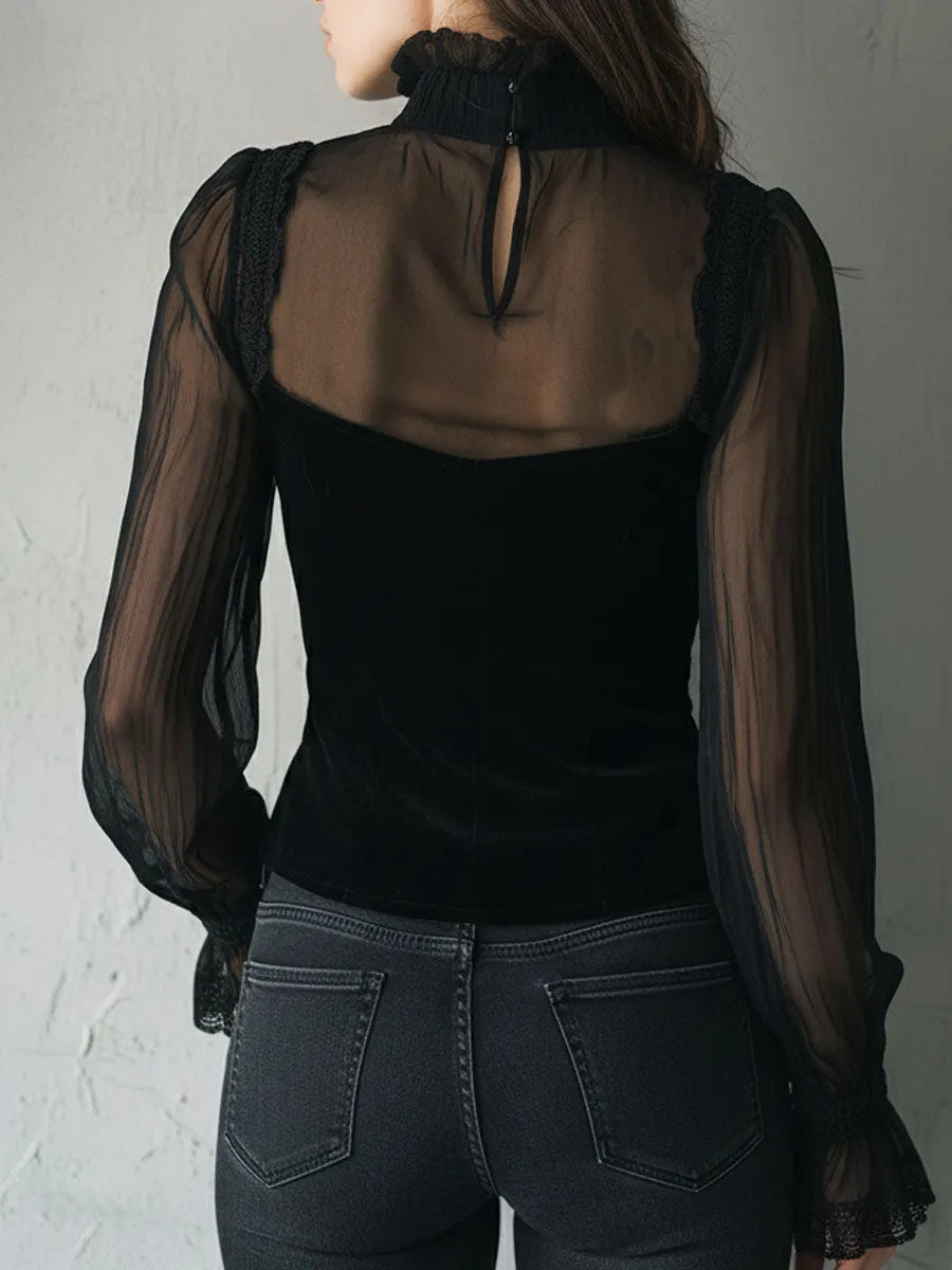 Gothic Lace Trim Black Velvet Corset Blouse With Sheer Sleeves
