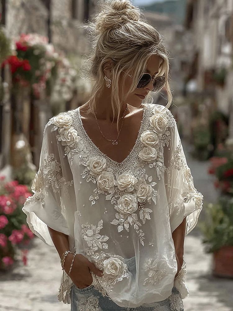 Women's Vintage White Roses Art Flowy Linen Blend Casual V Neck Tops