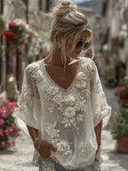 Women's Vintage White Roses Art Flowy Linen Blend Casual V Neck Tops