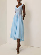 Light Blue Sequin Lace Asymmetric Chiffon V Neck Sleeveless A-Line Maxi Dress