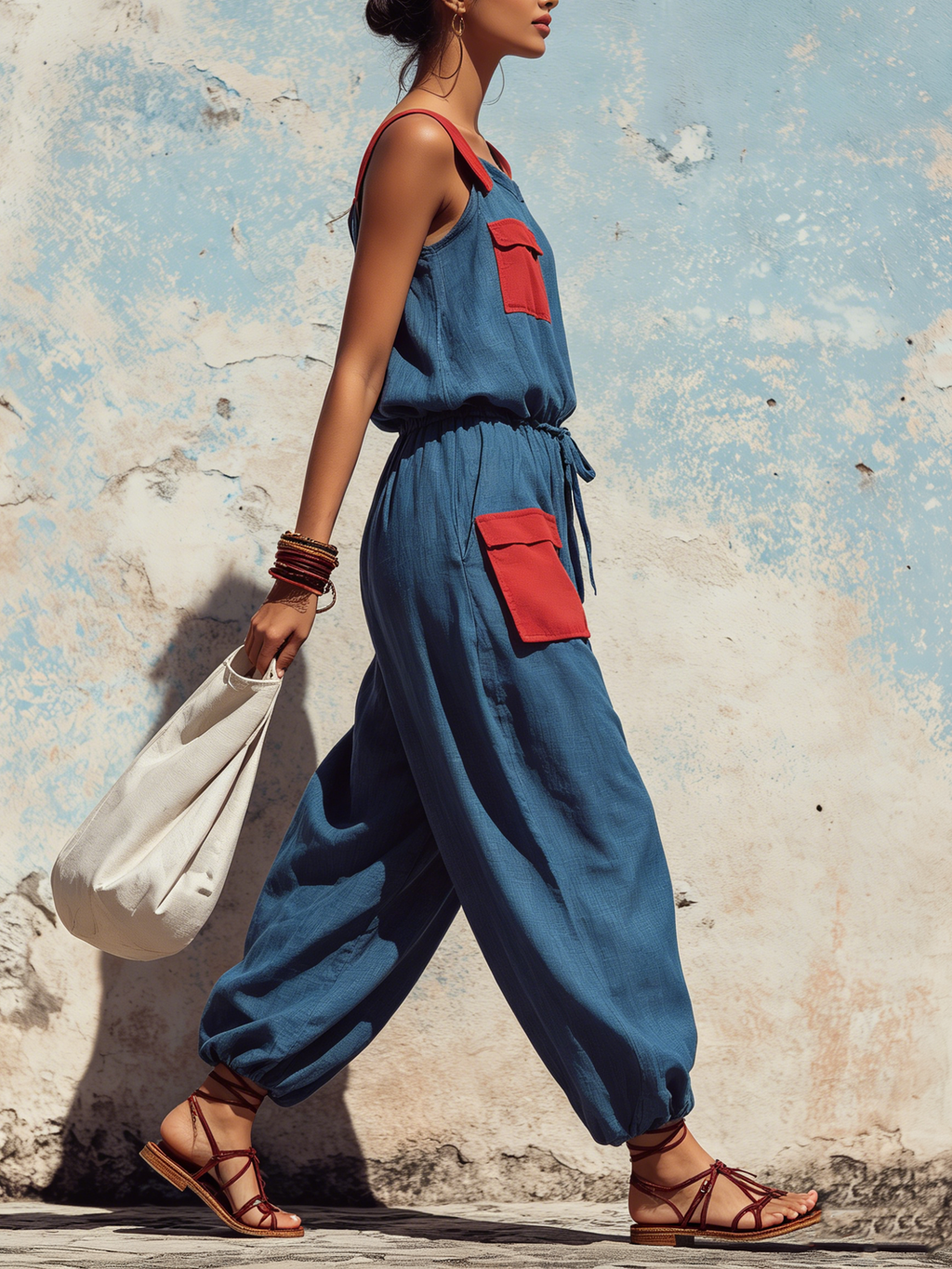 Color Block Sleeveless Tie-Waist Jumpsuit With Pockets