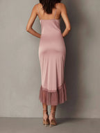 Elegant Blush Satin Lace-Trim Slip Midi Dress With Asymmetric Hem