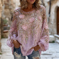 Women's Vintage Pink Flower Embroidery Art Round Neck Long Sleeve T-shirt