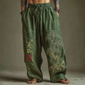 Men's Japanese Pine Tree Embroidered Wide Leg Linen Pants