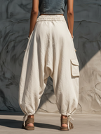 Beige Linen Blend Baggy Cargo Harem Pants