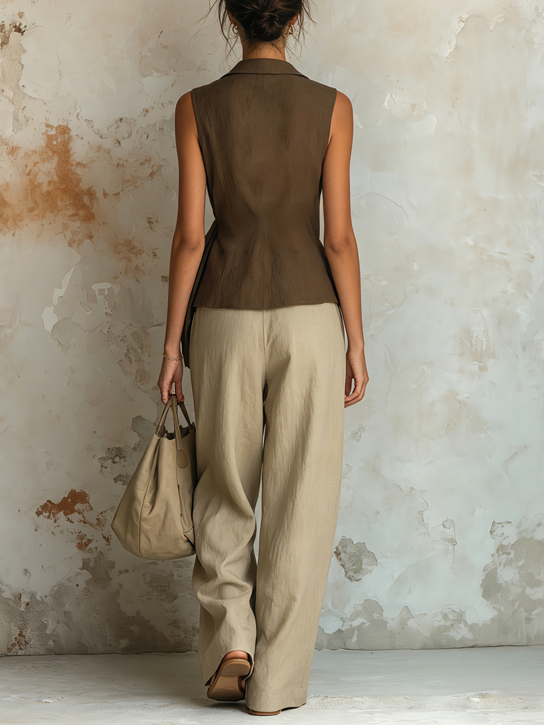 Linen-Blend Wrap Vest & High-Waist Wide-Leg Pants Set