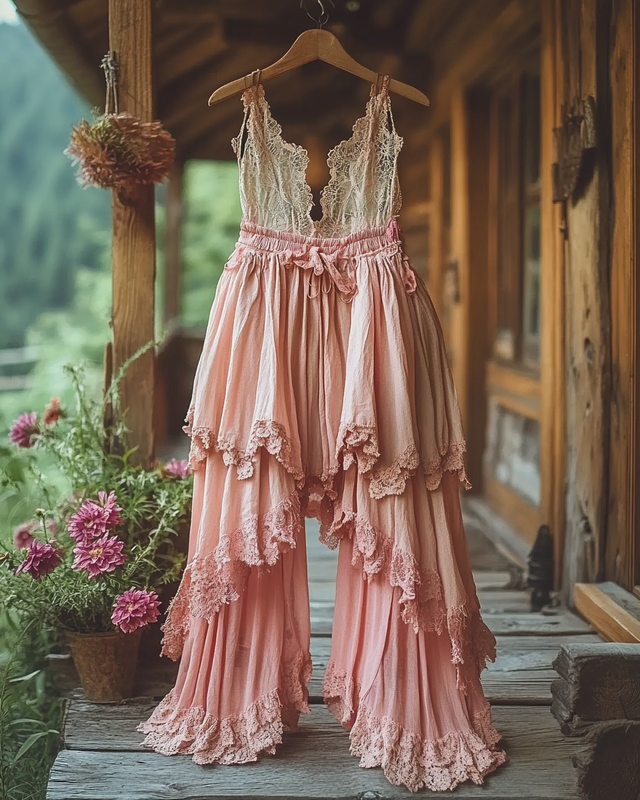 Summer ruffled cotton and linen patchwork contrast color jumpsuit b010