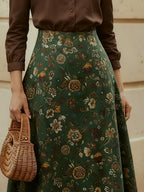 Midi Linen Skirt, loral, Pocket Design, Vintage, Green