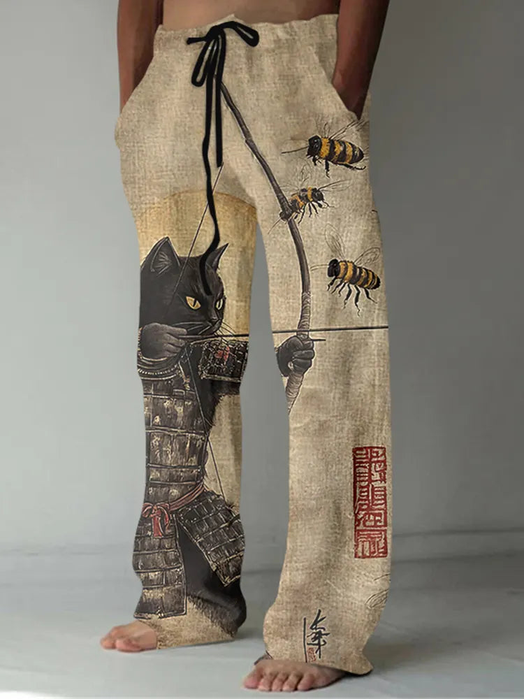 Men's Black Cat Tribal Warrior Japanese Kyudo Print Linen Pants