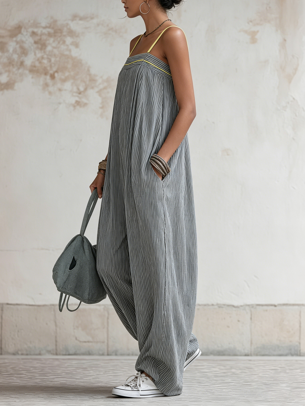 Striped Linen-Blend Balloon Jumpsuit With Contrast Straps