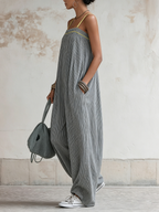 Striped Linen-Blend Balloon Jumpsuit With Contrast Straps