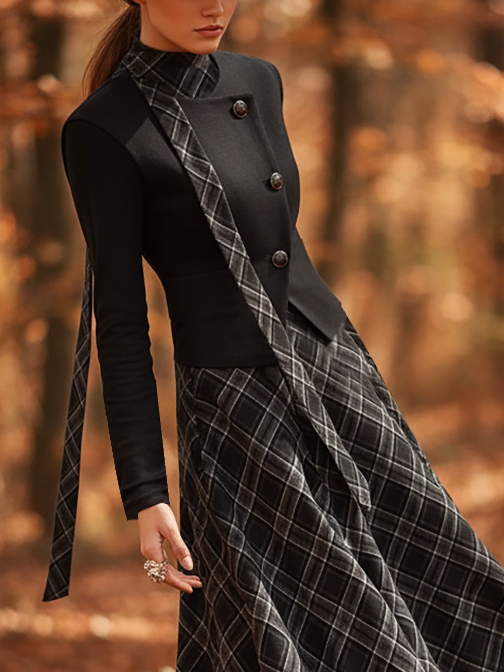 Wool Jacket, Long Sleeves, Round Neck, Plain, Button Design, Vintage, Black
