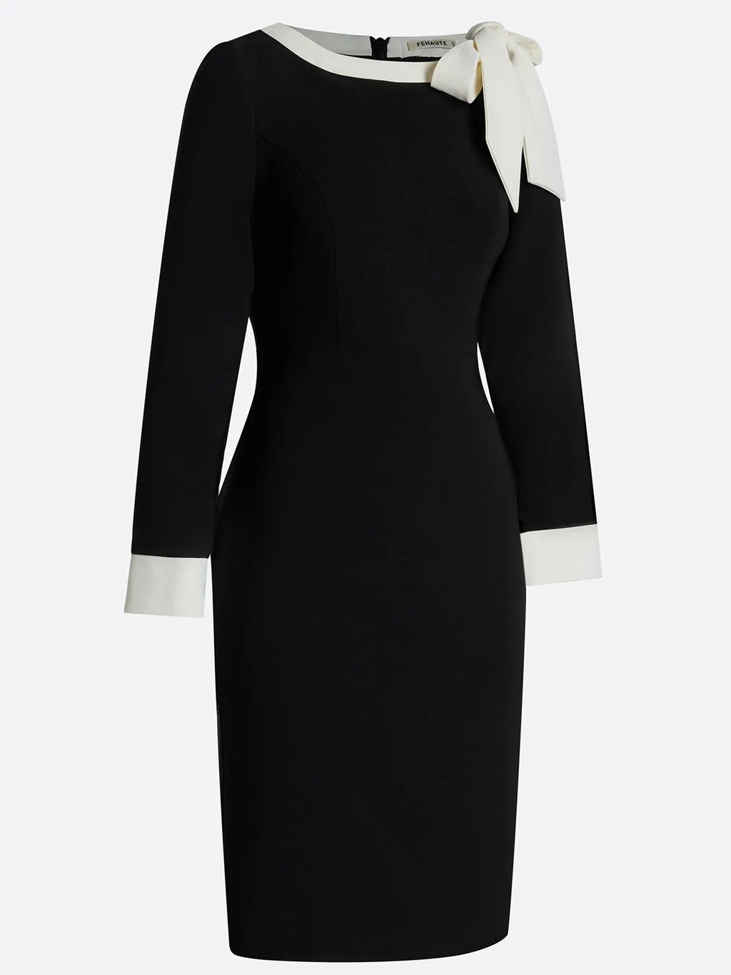 Black Bow Color Block Long Sleeve Sheath Midi Dress