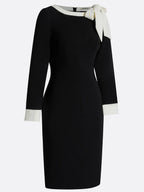 Black Bow Color Block Long Sleeve Sheath Midi Dress