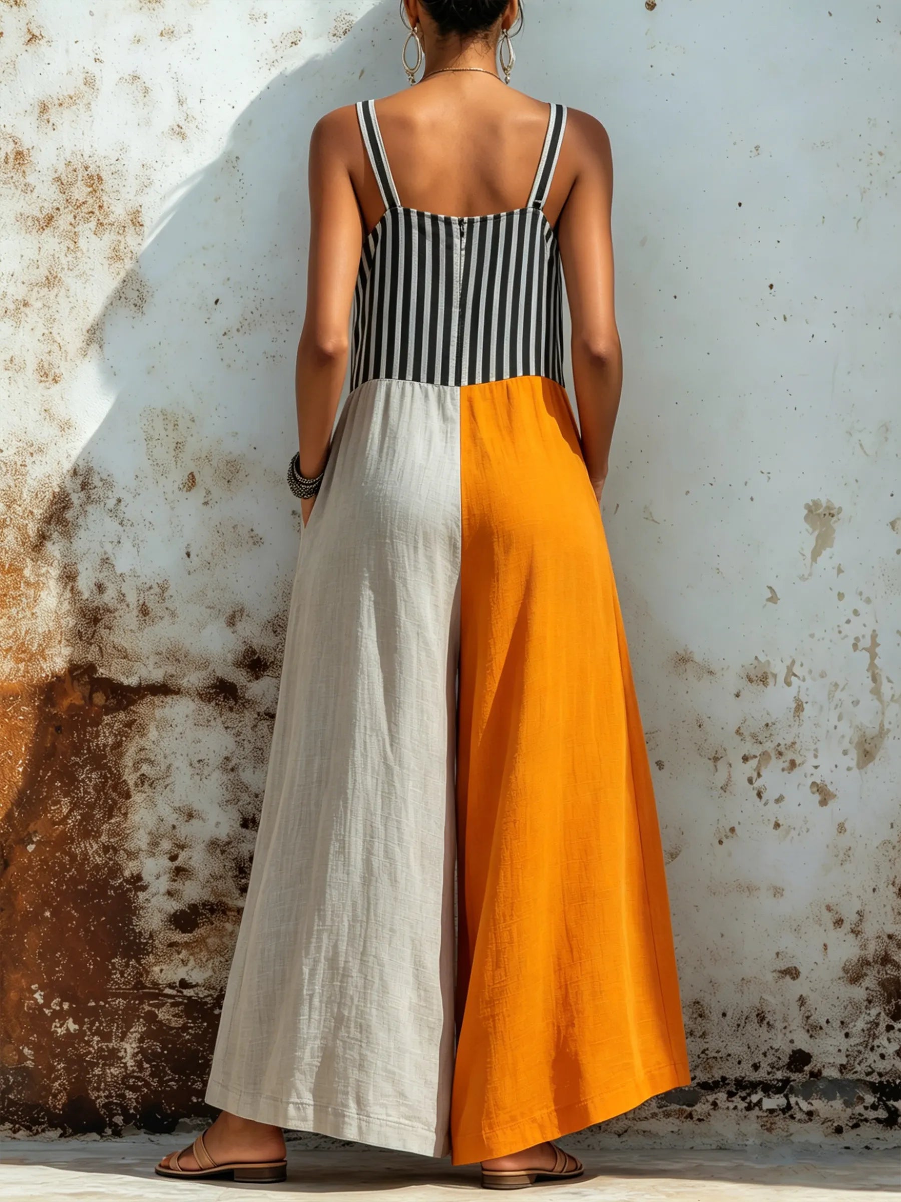 Bold Color-Block Linen-Blend Wide-Leg Jumpsuit With Patch Pockets