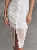 Ivory Lace Button-Front Corset Midi Dress
