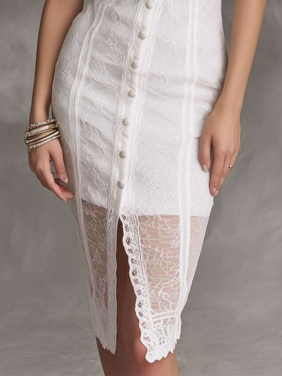Ivory Lace Button-Front Corset Midi Dress