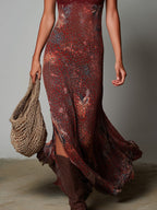 Boho Lace Splicing Leopard Print Hem Slit Maxi Dress