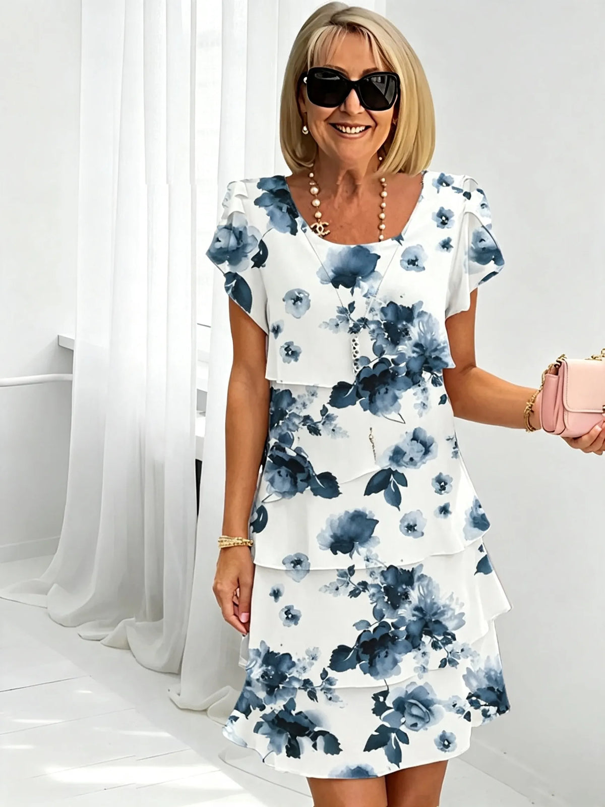Women's Floral Print Tiered Chiffon Dress, Short Flutter Sleeve Loose Multi-Layer Tummy Covering Shift Dress, Casual Summer Flowy Dress for Daily Vacation Beach