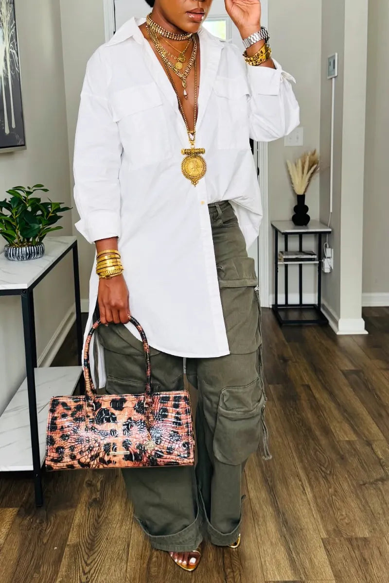 Oversized White Shirt & Cargo Pants Two‐Piece Outfit