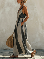 Striped Linen-Blend Maxi Dress Casual Resort Wear