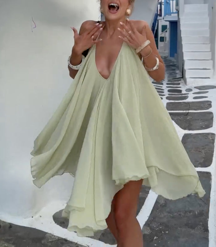 Turquoise Halter Flowy Ruffle Mini Chiffon Dress