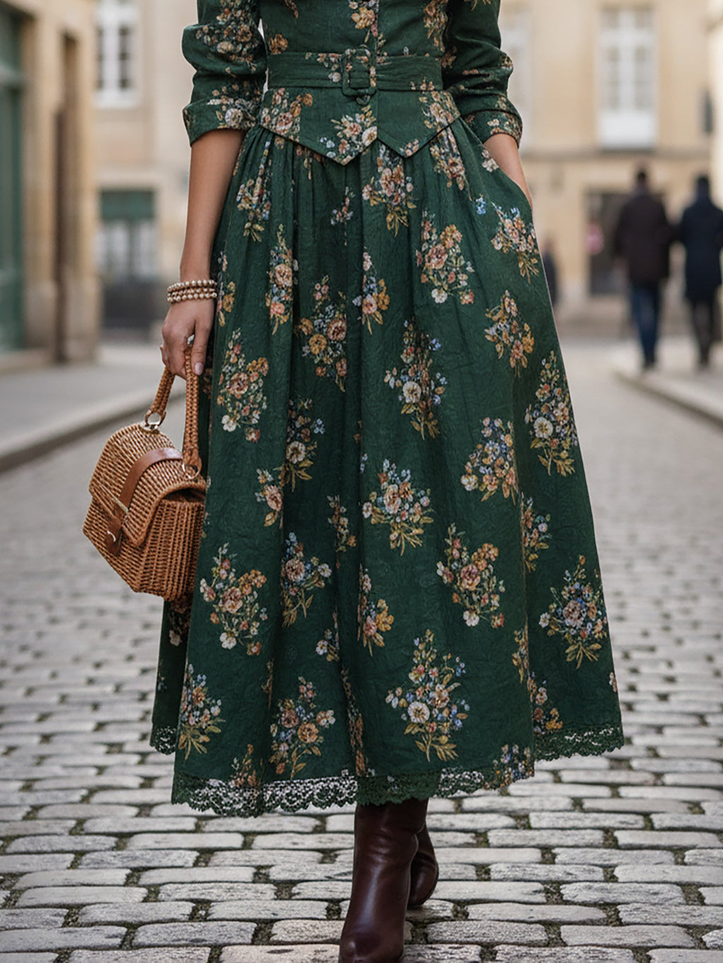 Linen Shirt, Long Sleeves, Shawl Collar, Floral, Button Design, Vintage, Green