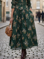 Linen Shirt, Long Sleeves, Shawl Collar, Floral, Button Design, Vintage, Green