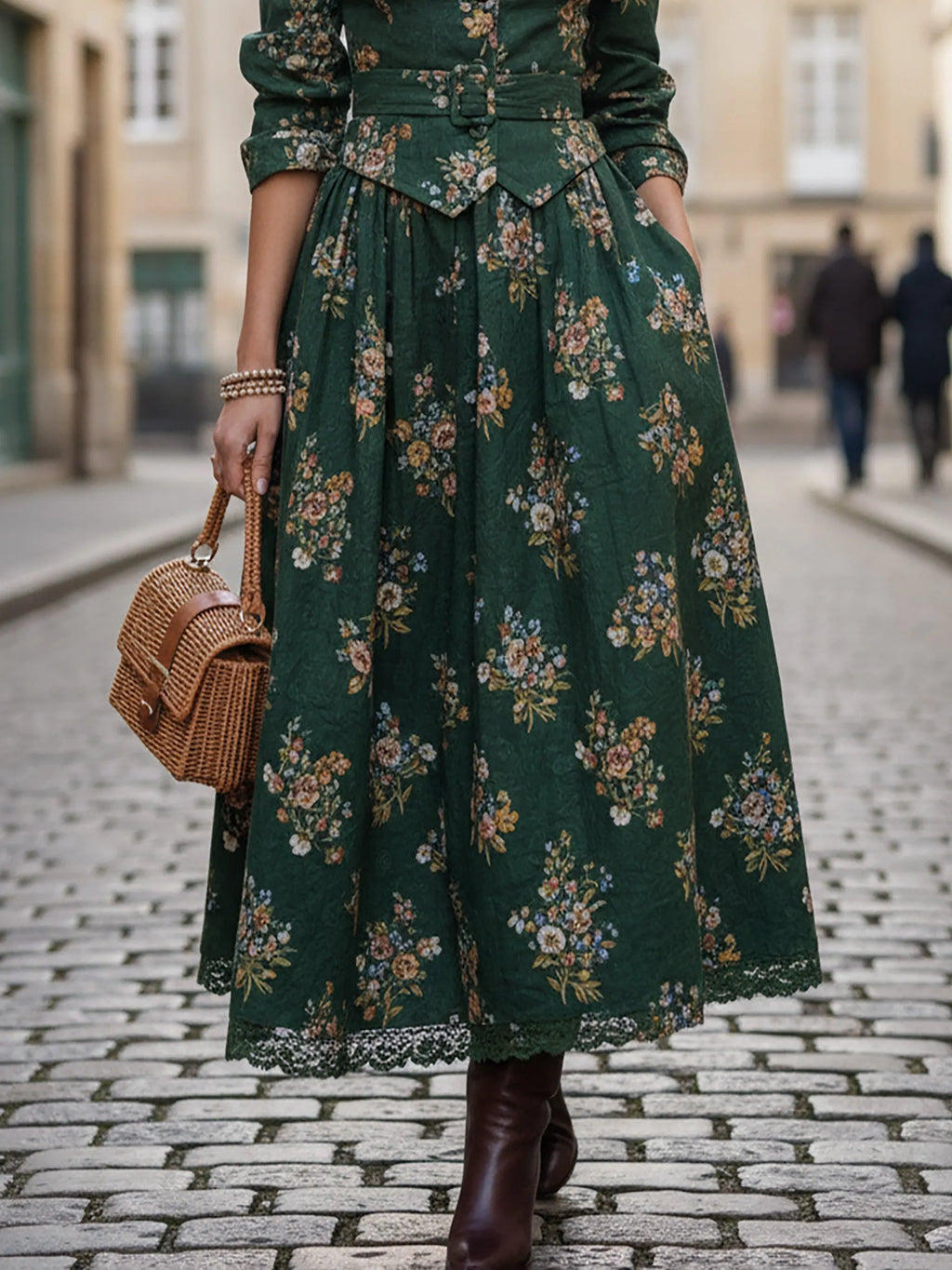 Maxi Linen Skirt, Floral, Pocket Design, Vintage, Green