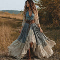 Vintage Lace & Denim Patchwork Wide Skirted Maxi Dress