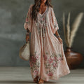 Women's Vintage Floral Art Flowy Linen Blend Casual Long Sleeve Maxi Dress