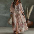 Women's Vintage Floral Art Flowy Linen Blend Casual Long Sleeve Maxi Dress