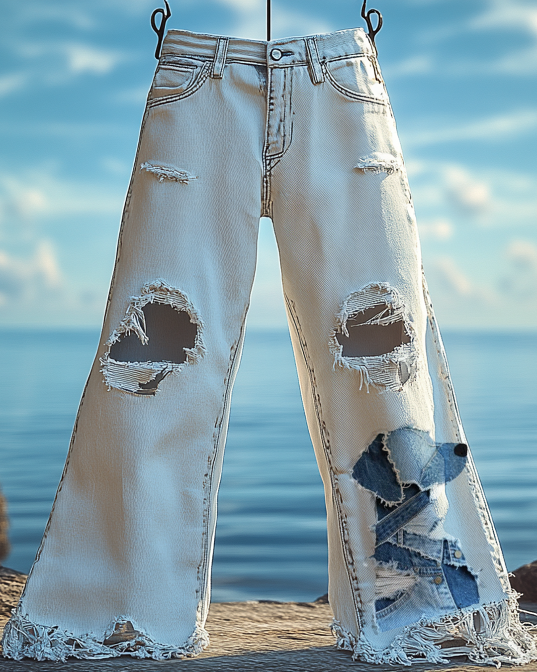 Summer Casual Puppy Denim Patchwork Hole Top & Trousers Two-piece Set 1792