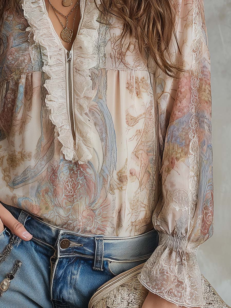 Vintage Zippered Ruffled Collar Floral Chiffon Fabric Blouse