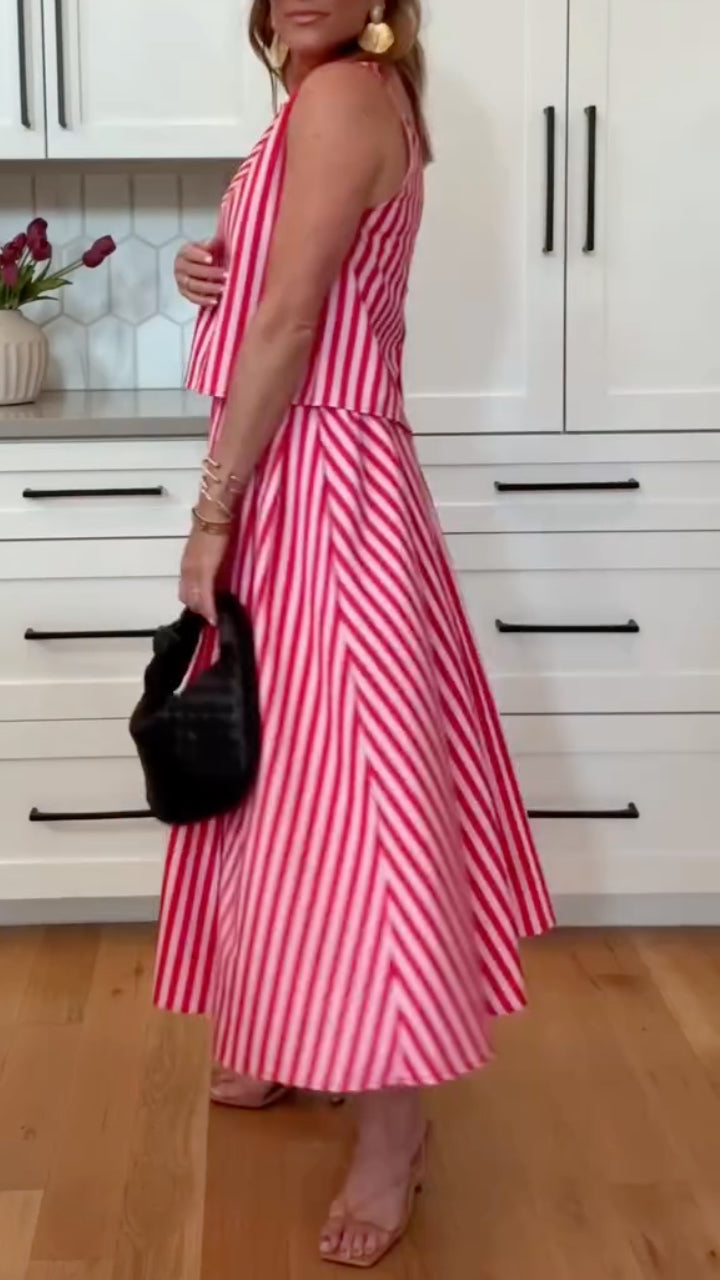 Stripe Sleeveless Two Piece Midi Skirt Set