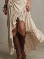 Ruched High-Low Boho Midi Dress – Soft Sand