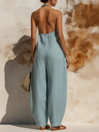 Color Block Patchwork Halter Neck Wide-Leg Jumpsuit
