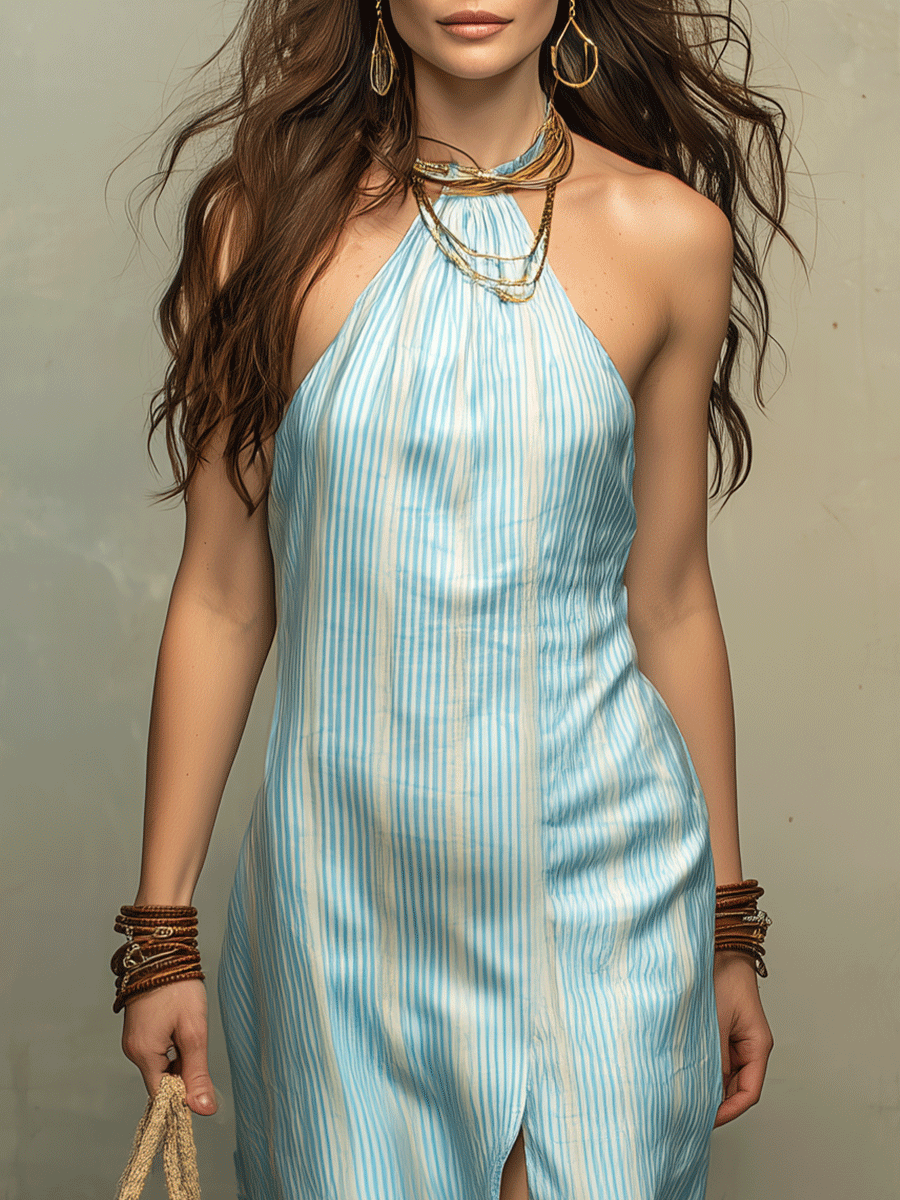 Boho Chic Striped Halter Neck Slit Maxi Dress