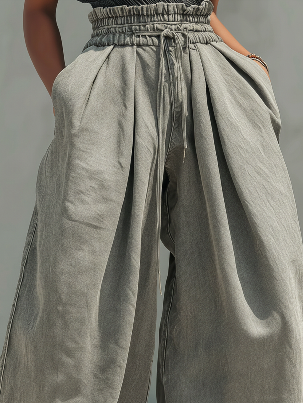 Washed Gray Denim Paperbag Waist Harem Pants