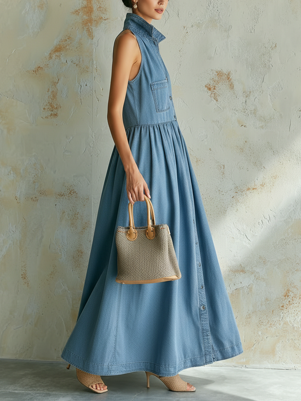 Light Blue Denim Sleeveless Button-Down Maxi Dress