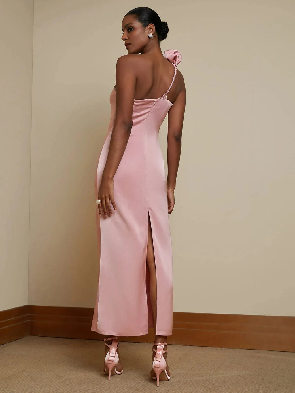 Pink Satin One-Shoulder 3D Floral Maxi Slip Dress