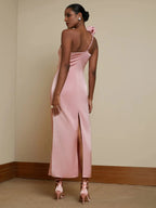 Pink Satin One-Shoulder 3D Floral Maxi Slip Dress