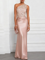 Light Blue Lace Embroidery Ruched Satin One Shoulder Sleeveless Mermaid Floor-length Gown Dress