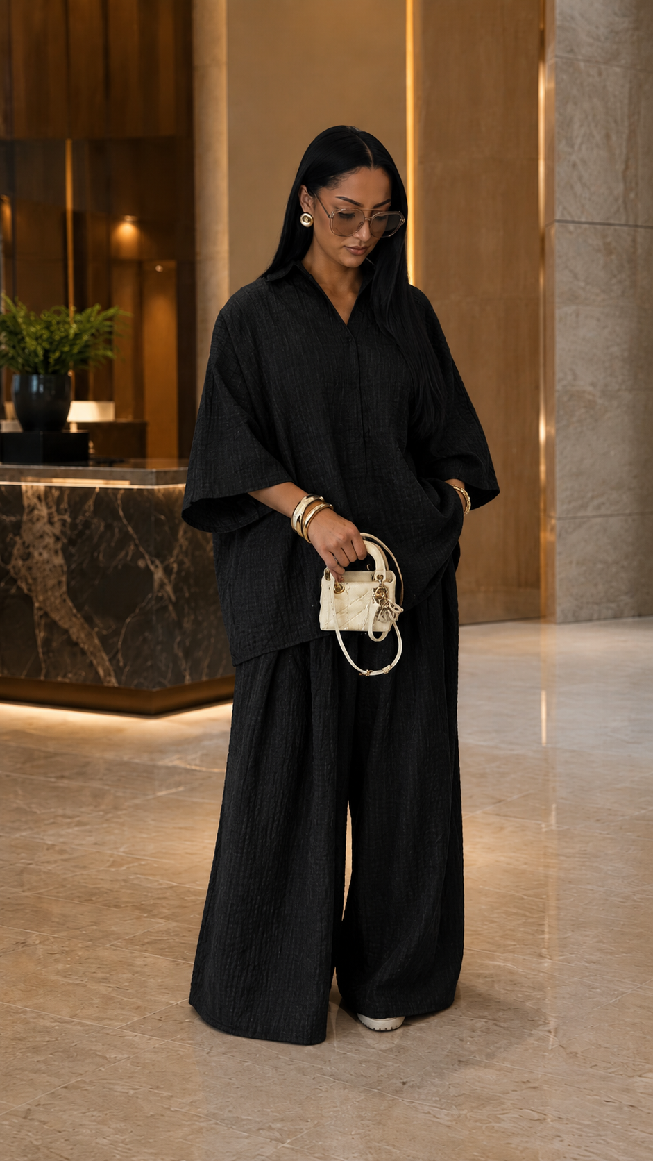Crinkled Textured Oversized Shirt & Wide-Leg Pants Two-Piece