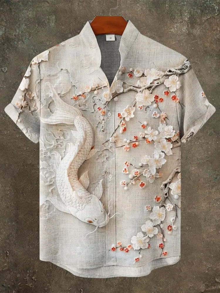 Japanese 3d Carp & Flower Men's Linen Short Sleeve Shirt