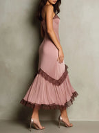 Elegant Blush Satin Lace-Trim Slip Midi Dress With Asymmetric Hem