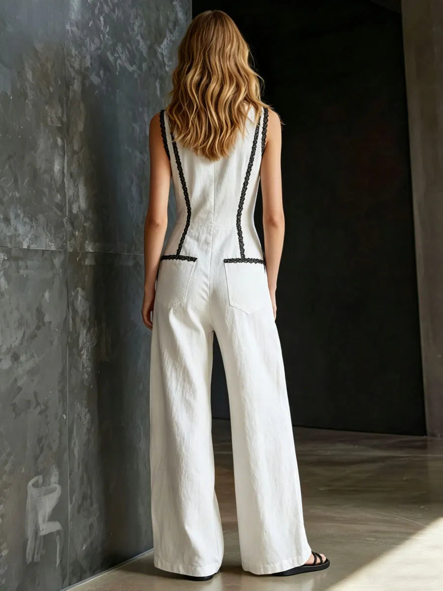 Casual Retro Lace-trimmed White Cotton And Linen Sleeveless Wide-leg Jumpsuit