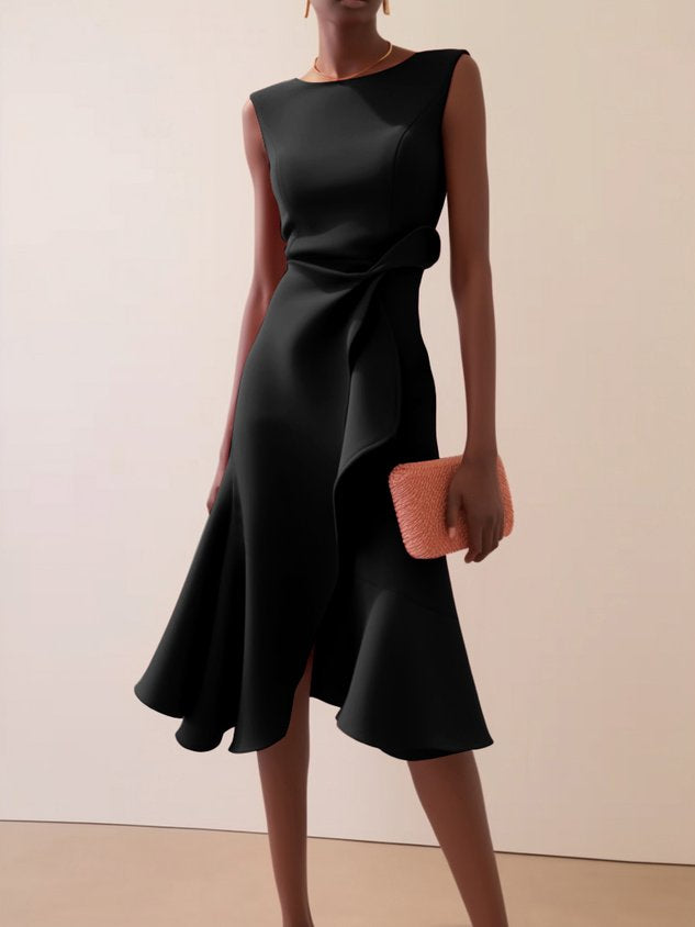Red Asymmetric Ruffled Classic Boat Neck Sleeveless Midi Elegant A-line Dress with Waist Twist for Day-to-Night